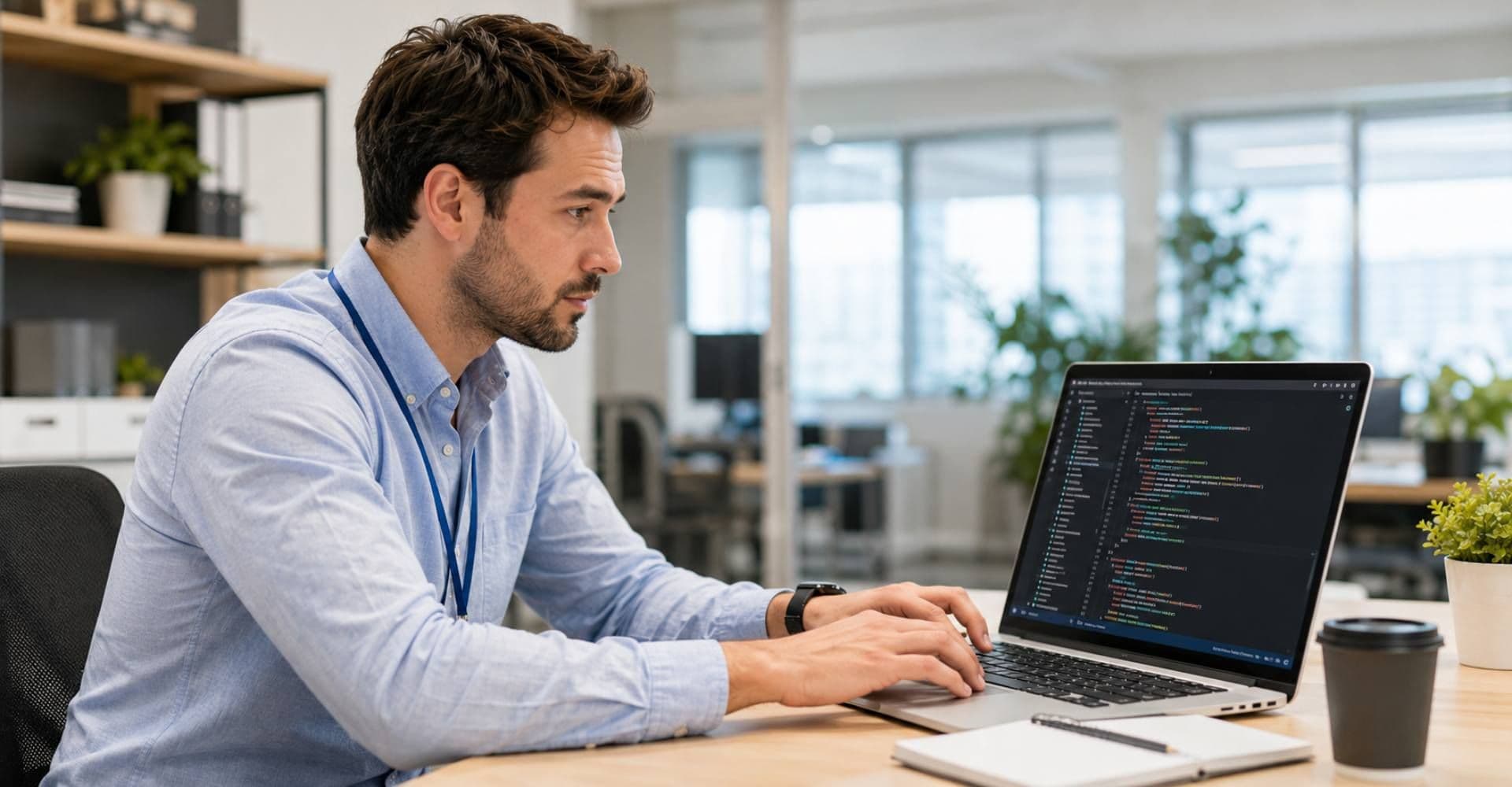 Developer at desk reviewing code