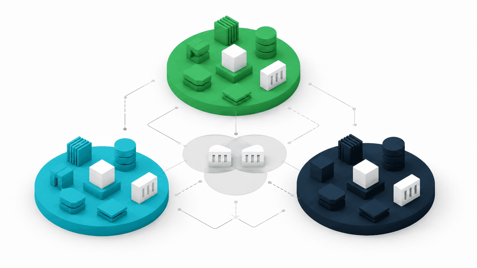 Conceptual isometric diagram of three parallel systems whose functions partially overlap, illustrating duplicate tools across teams with no consolidation decision